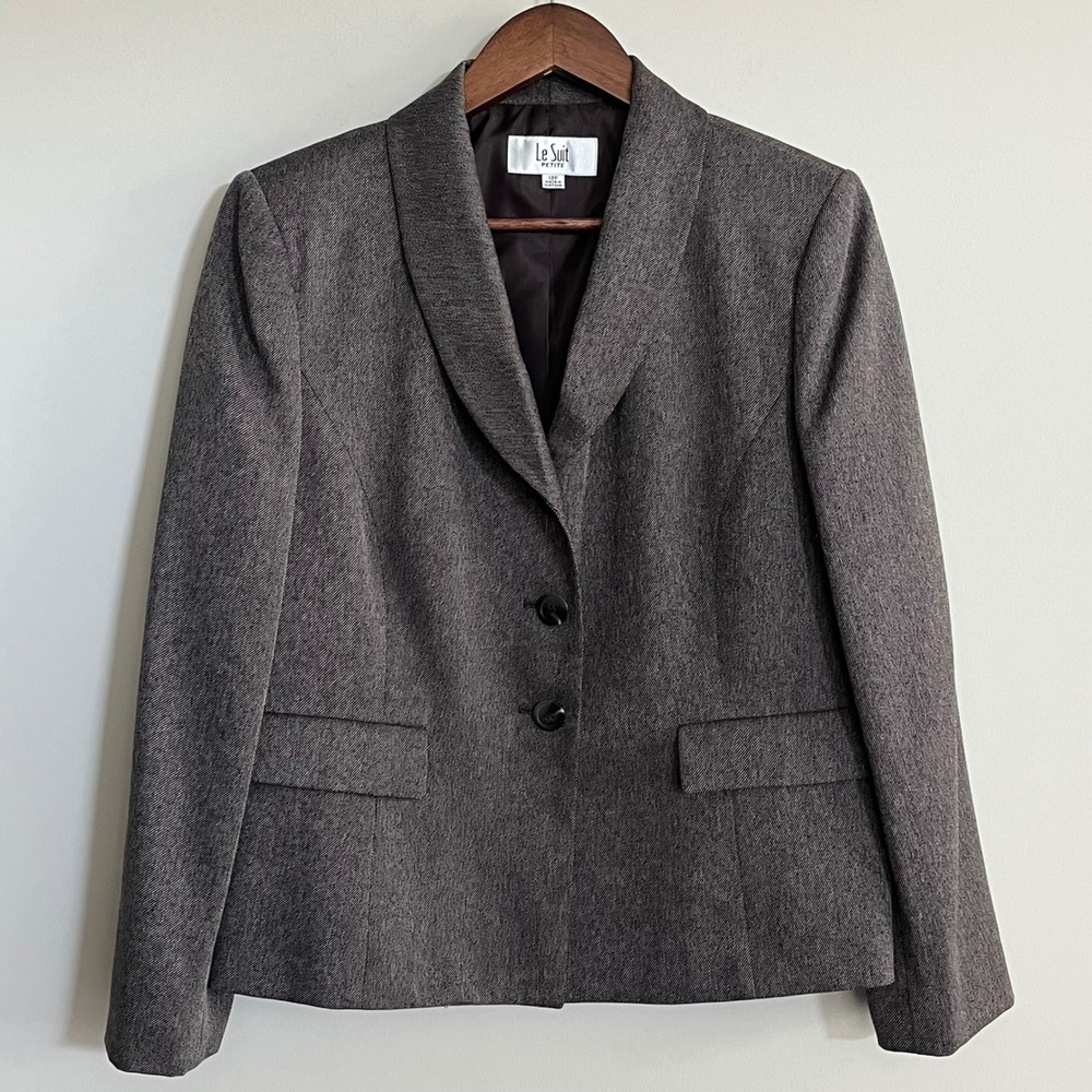 Le Suit Petite Womens Brown Textured Shawl Collar 3-Button Blazer Jacket 12